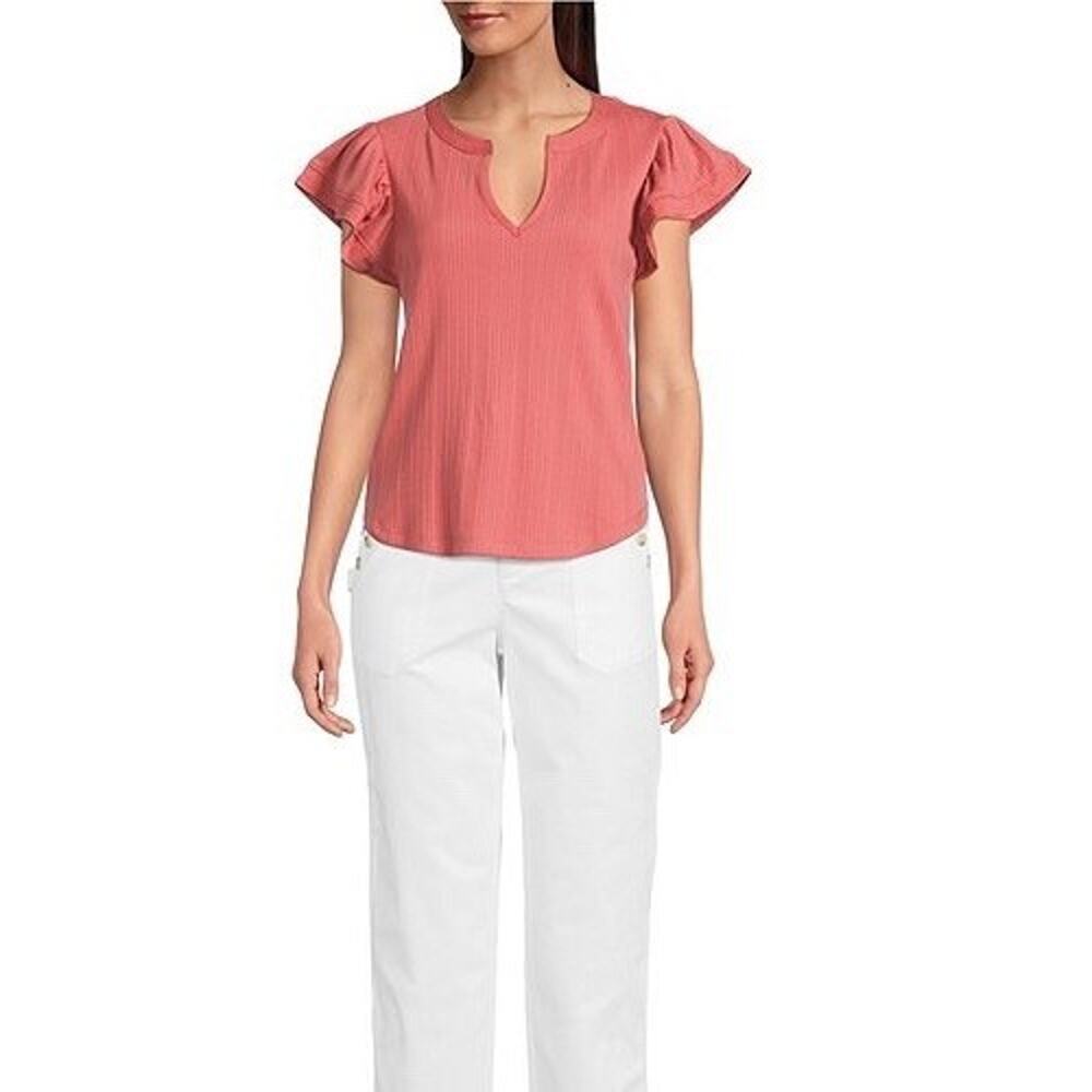 Democracy Mix-Media Split V-Neck Cap Sleeve Shirttail Hem Knit Top Large NWT